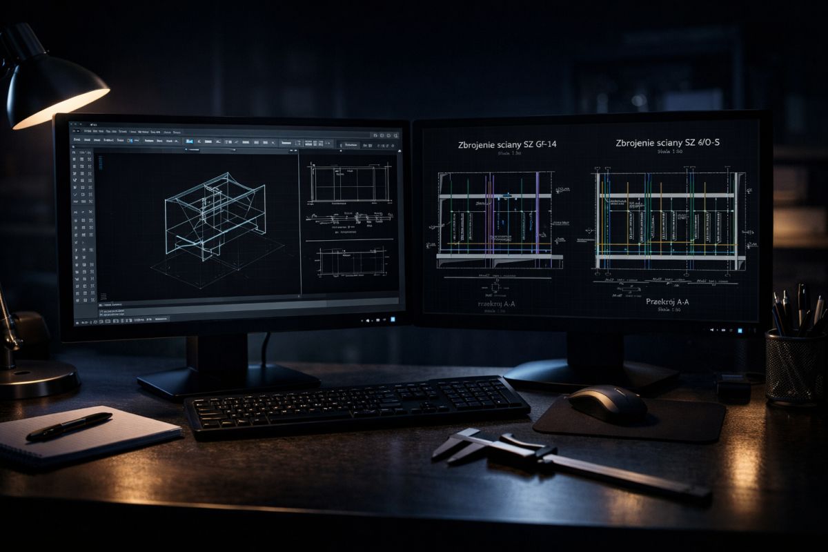Interfejs aplikacji kalkulatora budowlanego Imposoft – dobór łączników i rysunek techniczny