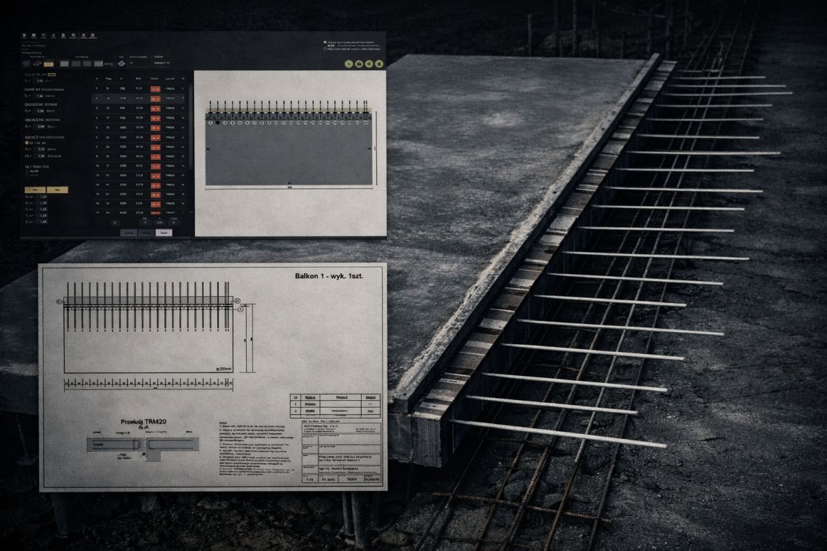 Interfejs aplikacji Imposoft – panel projektów, kalkulator doboru łączników i podgląd rysunku technicznego